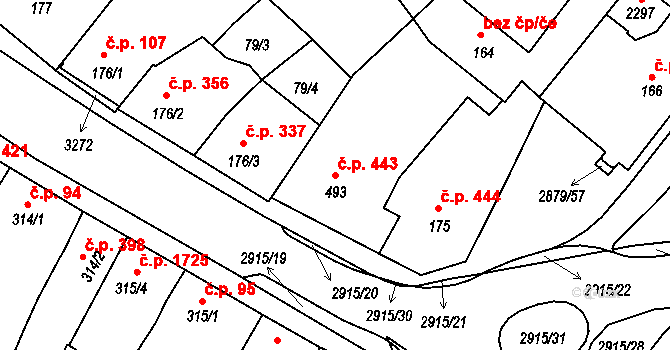 Bystřice pod Hostýnem 443 na parcele st. 493 v KÚ Bystřice pod Hostýnem, Katastrální mapa