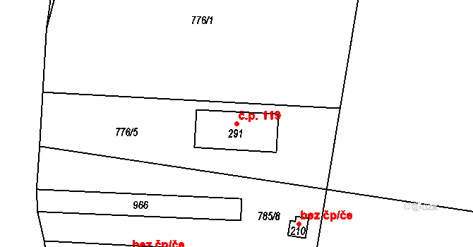 Srby 119 na parcele st. 291 v KÚ Srby nad Úslavou, Katastrální mapa