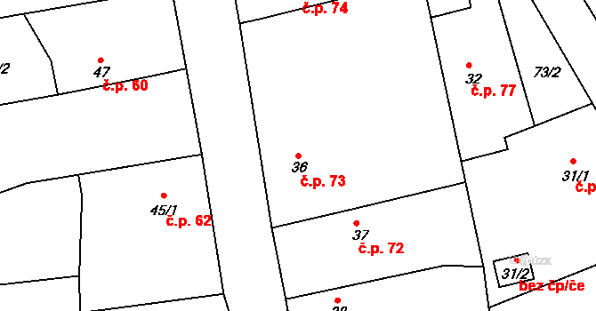 Červené Janovice 73 na parcele st. 36 v KÚ Červené Janovice, Katastrální mapa