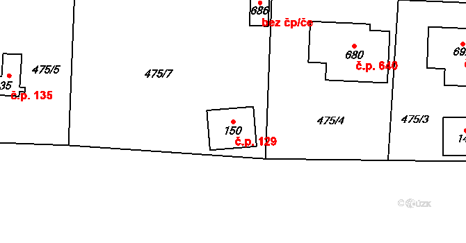 Zvole 129 na parcele st. 150 v KÚ Zvole u Prahy, Katastrální mapa