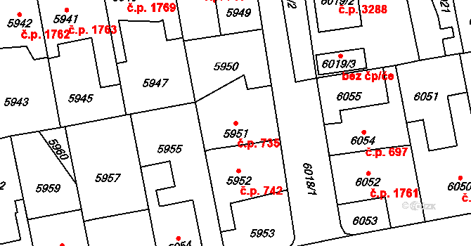 Kročehlavy 735, Kladno na parcele st. 5951 v KÚ Kročehlavy, Katastrální mapa