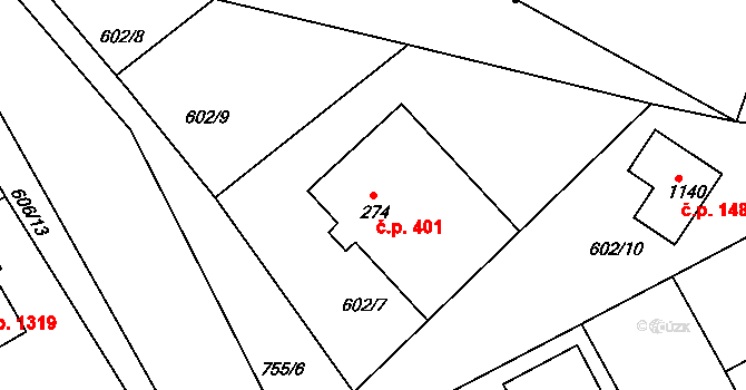Olešovice 401, Kamenice na parcele st. 274 v KÚ Ládví, Katastrální mapa