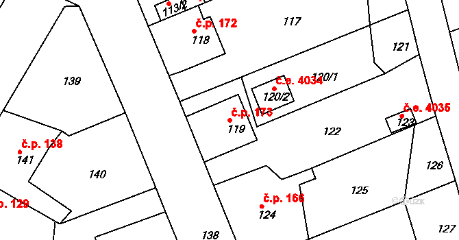Skorotice 173, Ústí nad Labem na parcele st. 119 v KÚ Skorotice u Ústí nad Labem, Katastrální mapa