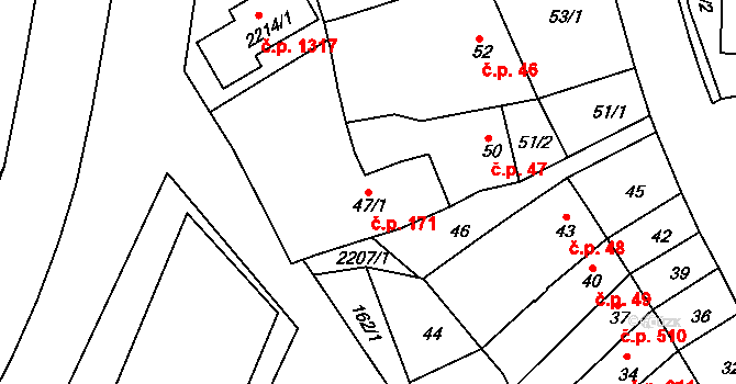 Komín 171, Brno na parcele st. 47/1 v KÚ Komín, Katastrální mapa