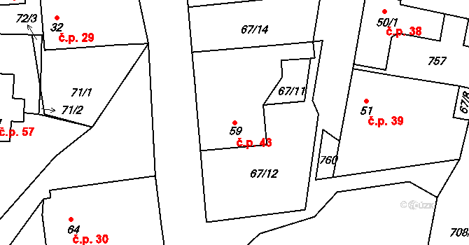 Skrýšov 43, Pelhřimov na parcele st. 59 v KÚ Skrýšov u Pelhřimova, Katastrální mapa
