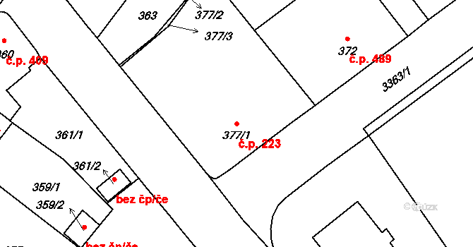 Pelhřimov 223 na parcele st. 377/1 v KÚ Pelhřimov, Katastrální mapa