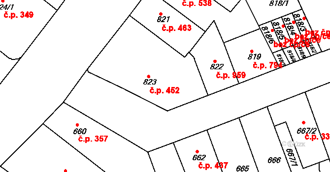 Teplice 452 na parcele st. 823 v KÚ Teplice, Katastrální mapa