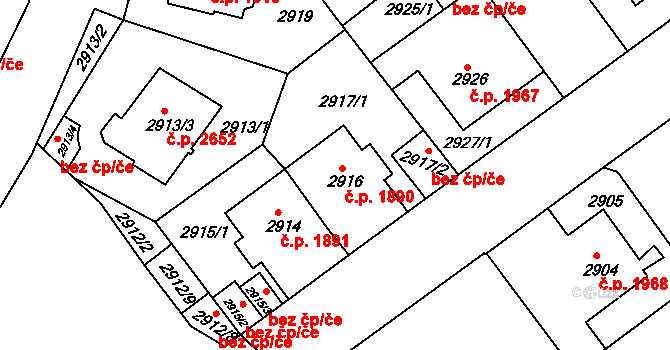 Teplice 1890 na parcele st. 2916 v KÚ Teplice, Katastrální mapa