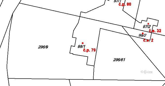 Jevany 79 na parcele st. 98/1 v KÚ Jevany, Katastrální mapa