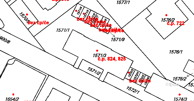 Podolí 824,825, Praha na parcele st. 1571/3 v KÚ Podolí, Katastrální mapa