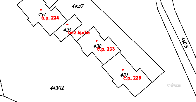 Rynoltice 233 na parcele st. 432 v KÚ Rynoltice, Katastrální mapa