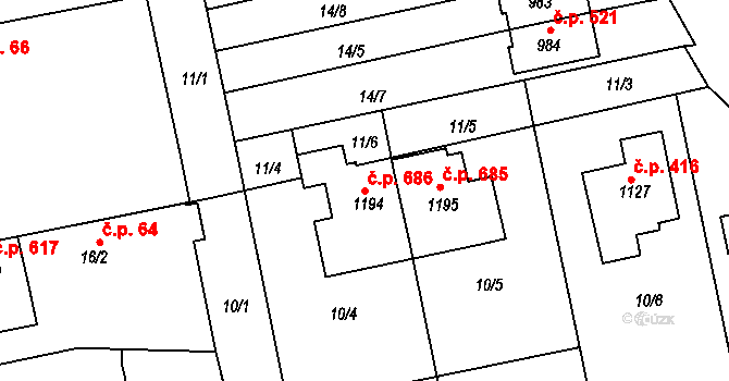 Malšovice 686, Hradec Králové na parcele st. 1194 v KÚ Malšovice u Hradce Králové, Katastrální mapa