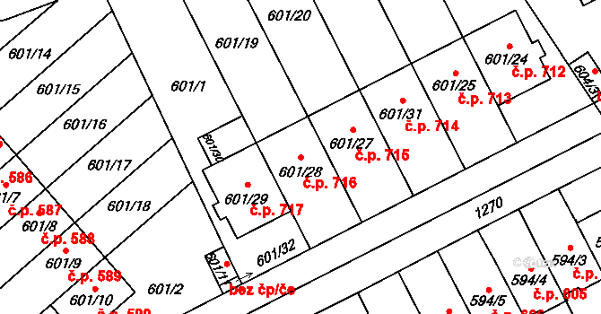 Černice 716, Plzeň na parcele st. 601/28 v KÚ Hradiště u Plzně, Katastrální mapa