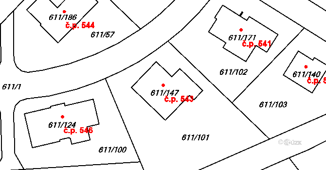 Srubec 543 na parcele st. 611/147 v KÚ Srubec, Katastrální mapa
