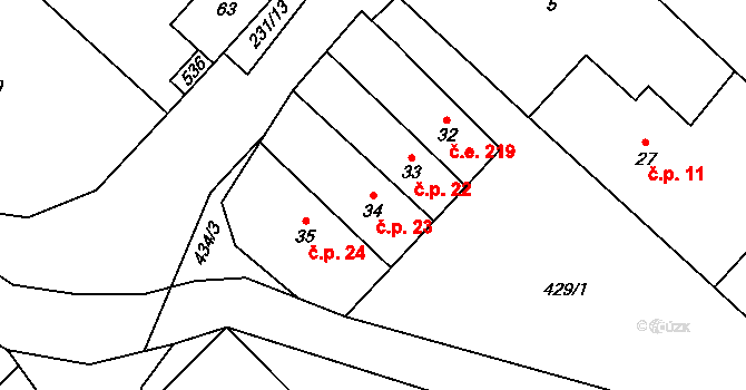 Žireč 23, Dvůr Králové nad Labem na parcele st. 34 v KÚ Žireč Městys, Katastrální mapa