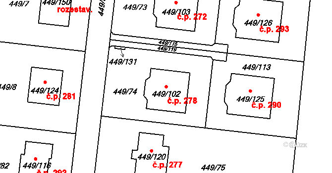 Bystrovany 278 na parcele st. 449/102 v KÚ Bystrovany, Katastrální mapa
