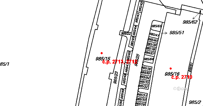 Východní Předměstí 2712,2713, Plzeň na parcele st. 985/15 v KÚ Plzeň, Katastrální mapa