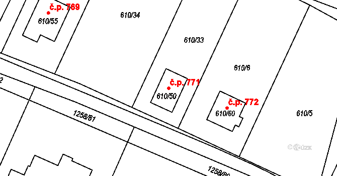 Drnovice 771 na parcele st. 610/50 v KÚ Drnovice u Vyškova, Katastrální mapa
