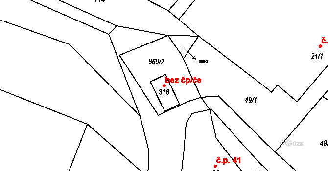 Hřiměždice 38622793 na parcele st. 316 v KÚ Hřiměždice, Katastrální mapa