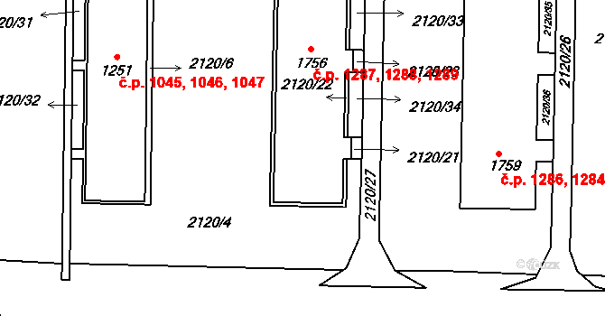 Napajedla 1287,1288,1289 na parcele st. 1756 v KÚ Napajedla, Katastrální mapa
