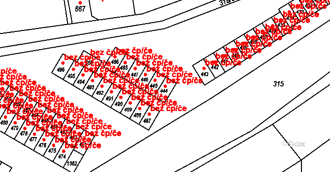 Hronov 46496793 na parcele st. 444 v KÚ Zbečník, Katastrální mapa