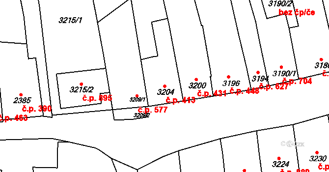 Vlčnov 413 na parcele st. 3204 v KÚ Vlčnov, Katastrální mapa