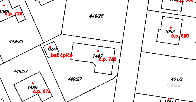 Horní Bříza 740 na parcele st. 1447 v KÚ Horní Bříza, Katastrální mapa