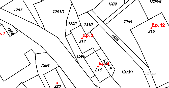 Malinné 3, Prosetín na parcele st. 217 v KÚ Prosetín u Hlinska, Katastrální mapa