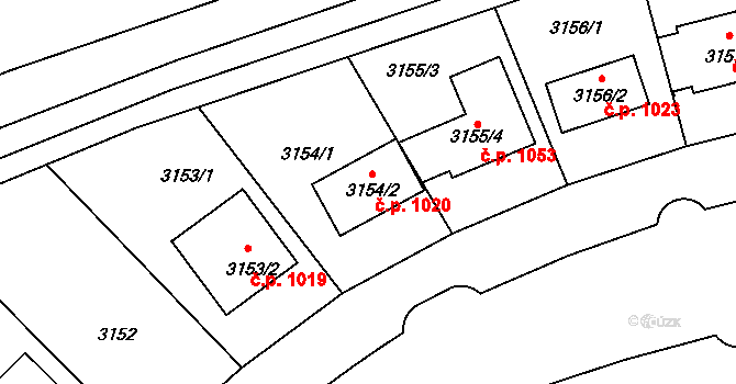 Lužice 1020 na parcele st. 3154/2 v KÚ Lužice u Hodonína, Katastrální mapa