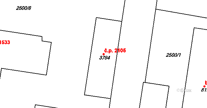 Zelené Předměstí 2105, Pardubice na parcele st. 3784 v KÚ Pardubice, Katastrální mapa