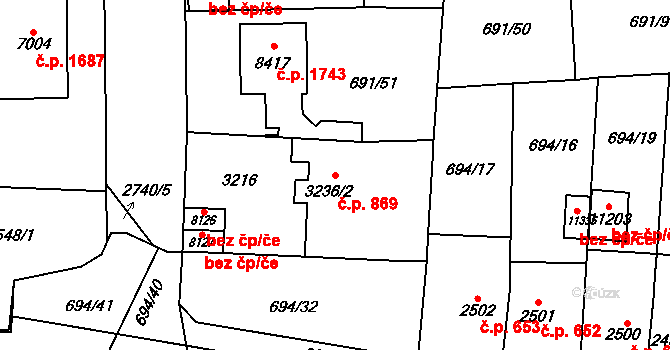 Bílé Předměstí 869, Pardubice na parcele st. 3236/2 v KÚ Pardubice, Katastrální mapa