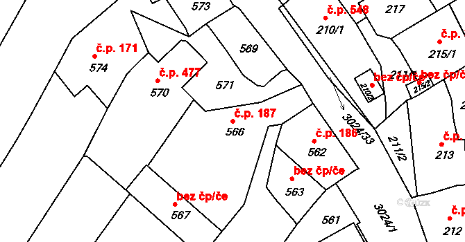 Štramberk 187 na parcele st. 566 v KÚ Štramberk, Katastrální mapa