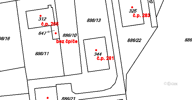 Lhenice 281 na parcele st. 344 v KÚ Lhenice, Katastrální mapa