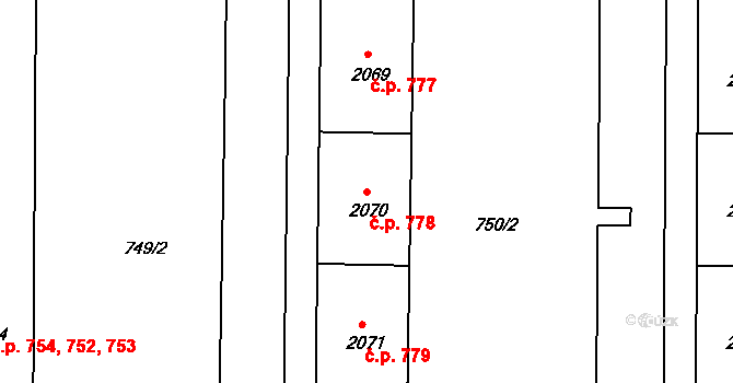 Podbořany 778 na parcele st. 2070 v KÚ Podbořany, Katastrální mapa
