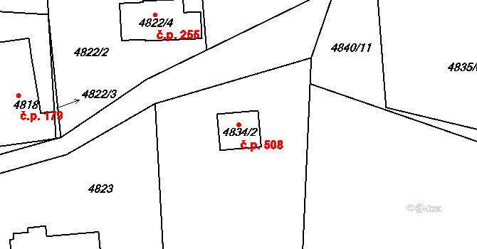 Lískovec 508, Frýdek-Místek na parcele st. 4834/2 v KÚ Lískovec u Frýdku-Místku, Katastrální mapa