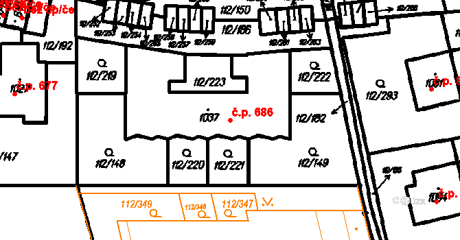 Vestec 686 na parcele st. 1037 v KÚ Vestec u Prahy, Katastrální mapa