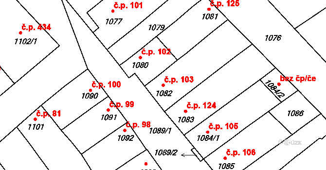 Moravský Žižkov 103 na parcele st. 1082 v KÚ Moravský Žižkov, Katastrální mapa