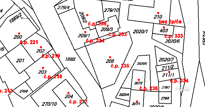 Baldovec 235, Rozstání na parcele st. 208 v KÚ Rozstání pod Kojálem, Katastrální mapa