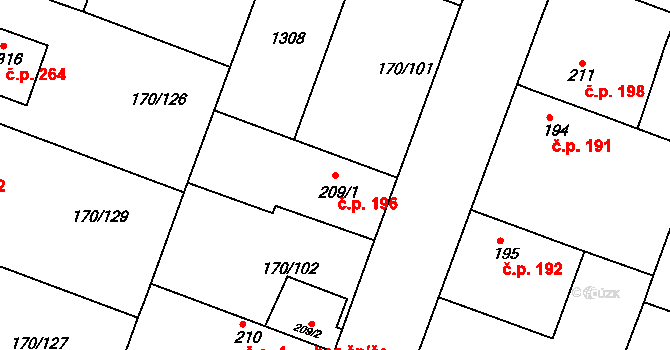 Hořátev 196 na parcele st. 209/1 v KÚ Hořátev, Katastrální mapa