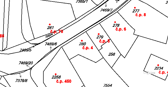 Telč-Štěpnice 4, Telč na parcele st. 280 v KÚ Telč, Katastrální mapa