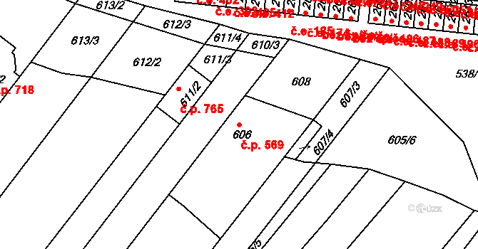 Veverská Bítýška 569 na parcele st. 606 v KÚ Veverská Bítýška, Katastrální mapa