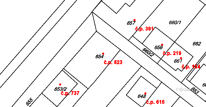 Vnorovy 523 na parcele st. 654 v KÚ Vnorovy, Katastrální mapa