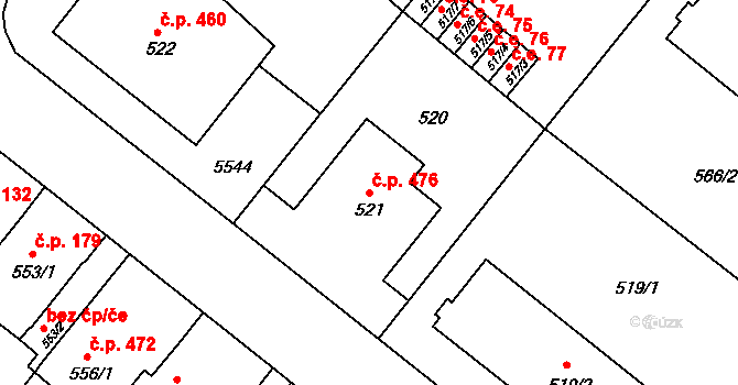 Vyškov-Předměstí 476, Vyškov na parcele st. 521 v KÚ Vyškov, Katastrální mapa
