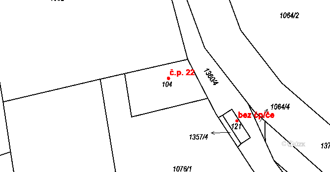 Chotětice 22, Sedlec-Prčice na parcele st. 104 v KÚ Divišovice, Katastrální mapa