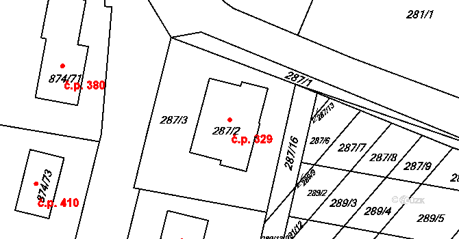 Majetín 329 na parcele st. 287/2 v KÚ Majetín, Katastrální mapa