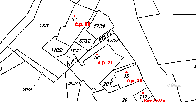 Mrsklesy 27, Třebenice na parcele st. 36 v KÚ Mrsklesy, Katastrální mapa
