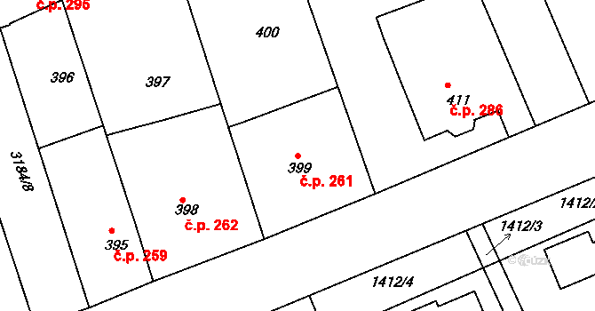 Planá nad Lužnicí 261 na parcele st. 399 v KÚ Planá nad Lužnicí, Katastrální mapa
