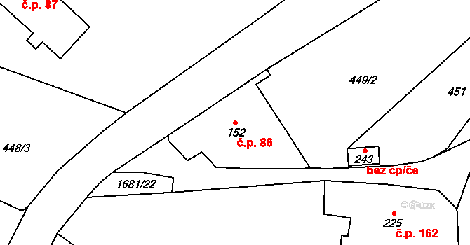 Třebovice 86 na parcele st. 152 v KÚ Třebovice, Katastrální mapa
