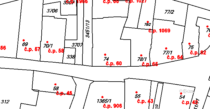 Lysá nad Labem 60 na parcele st. 74 v KÚ Lysá nad Labem, Katastrální mapa