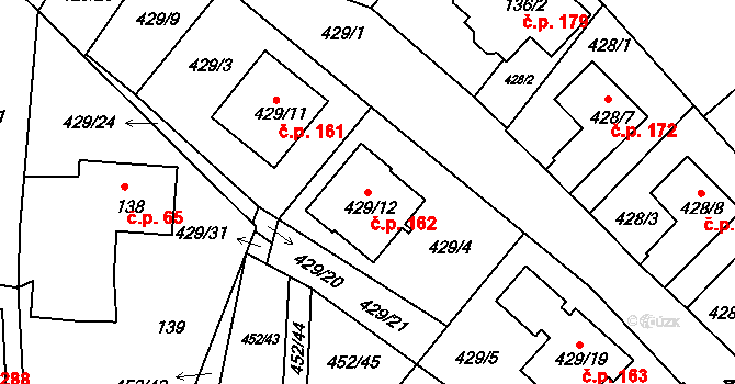 Staré Hodějovice 162 na parcele st. 429/12 v KÚ Staré Hodějovice, Katastrální mapa